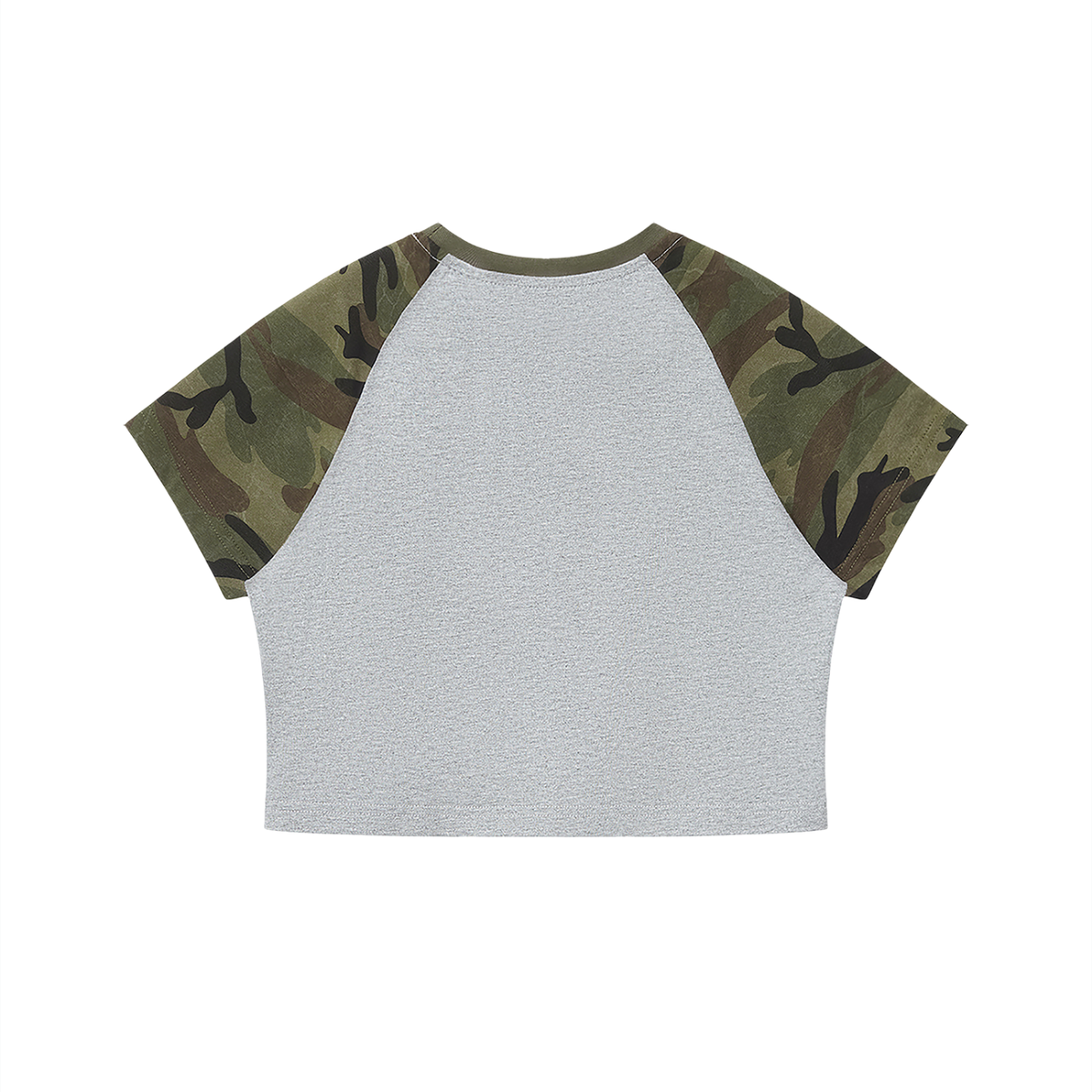 Women's Bodycon Camo Raglan T-Shirt in flower gray with army green camo, alternate angle
