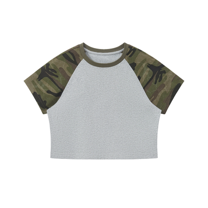 Women's Bodycon Camo Raglan T-Shirt in flower gray with army green camo