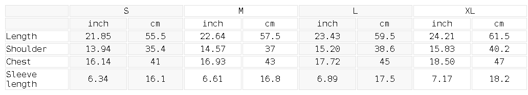 Size chart for the Women's Bodycon T-Shirt