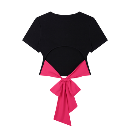 Women's Bodycon Tie-Back T-Shirt in black with rose red, alternate angle