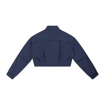 Women's Boxy Turtleneck Button Front Jacket in navy blue, alternate angle