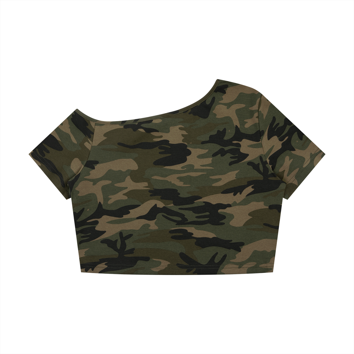 Women's Camo Off-Shoulder Crop T-Shirt in army green camo, alternate angle