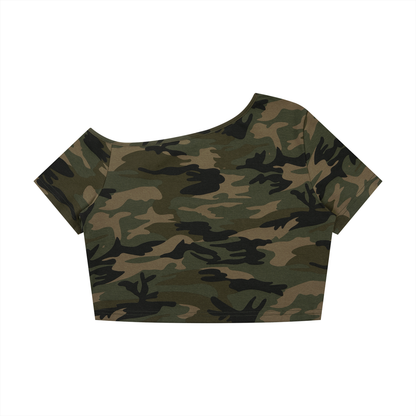 Women's Camo Off-Shoulder Crop T-Shirt in army green camo, alternate angle
