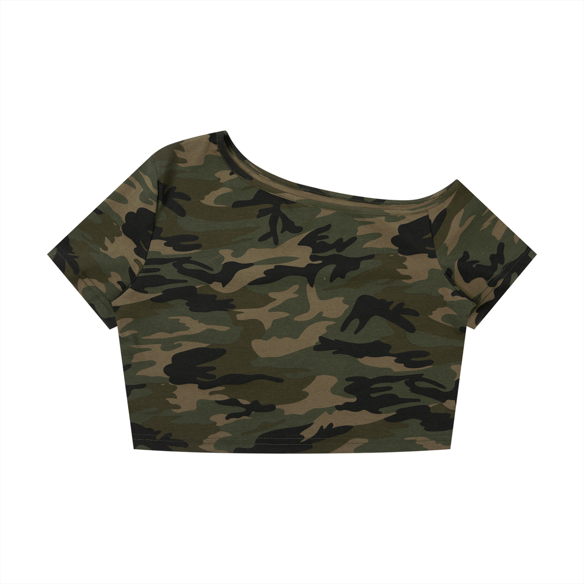 Women's Camo Off-Shoulder Crop T-Shirt in army green camo