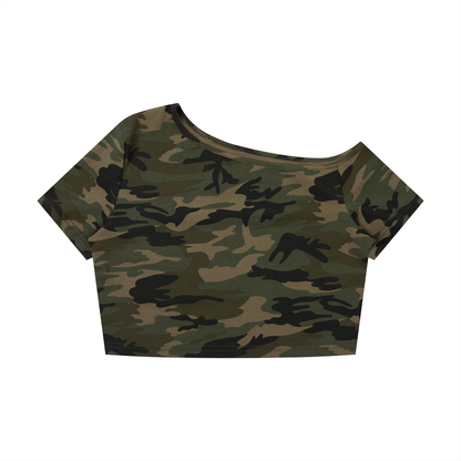 Women's Camo Off-Shoulder Crop T-Shirt in army green camo