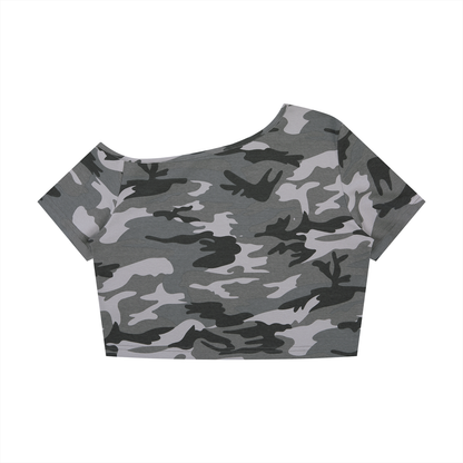 Women's Camo Off-Shoulder Crop T-Shirt in gray camo, alternate angle