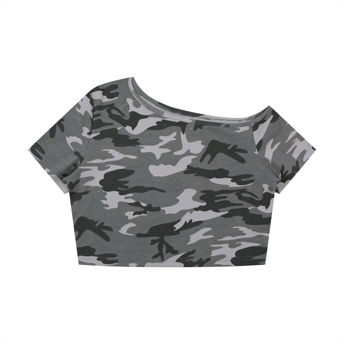 Women's Camo Off-Shoulder Crop T-Shirt in gray camo