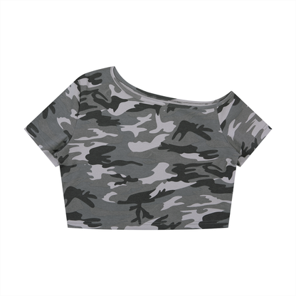 Women's Camo Off-Shoulder Crop T-Shirt in gray camo
