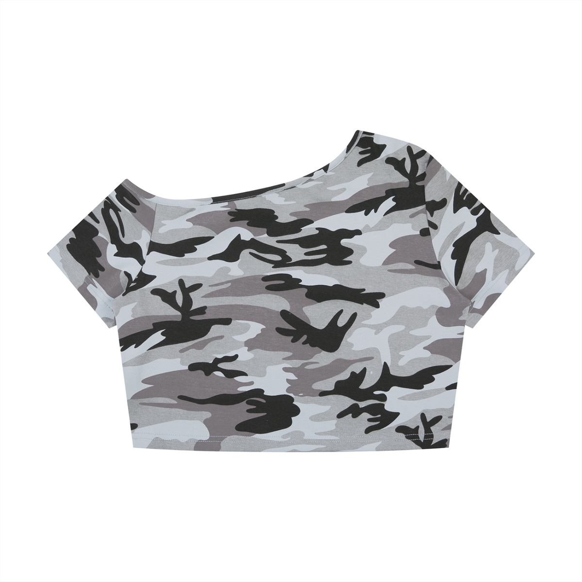 Women's Camo Off-Shoulder Crop T-Shirt in light blue camo, alternate angle