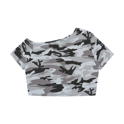Women's Camo Off-Shoulder Crop T-Shirt in light blue camo, alternate angle