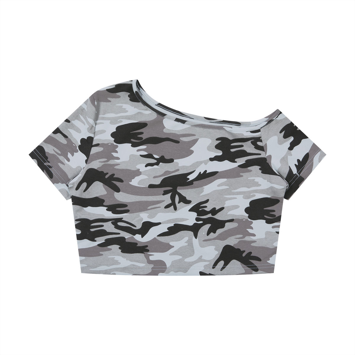 Women's Camo Off-Shoulder Crop T-Shirt in light blue camo