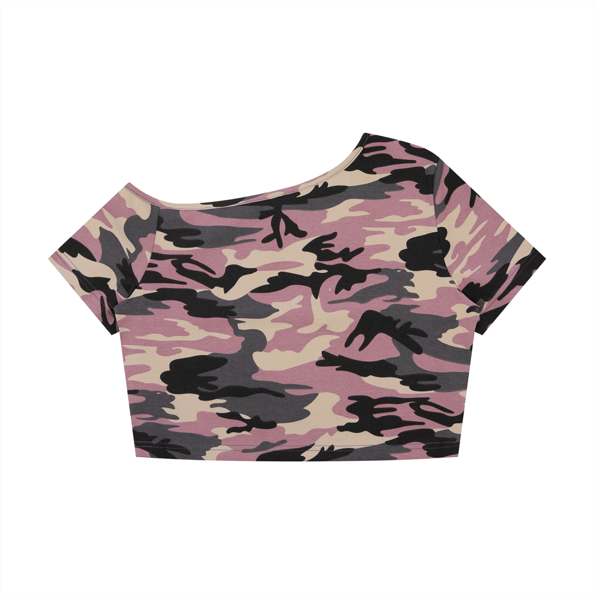 Women's Camo Off-Shoulder Crop T-Shirt in pink camo, alternate angle