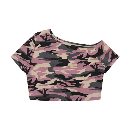 Women's Camo Off-Shoulder Crop T-Shirt in pink camo