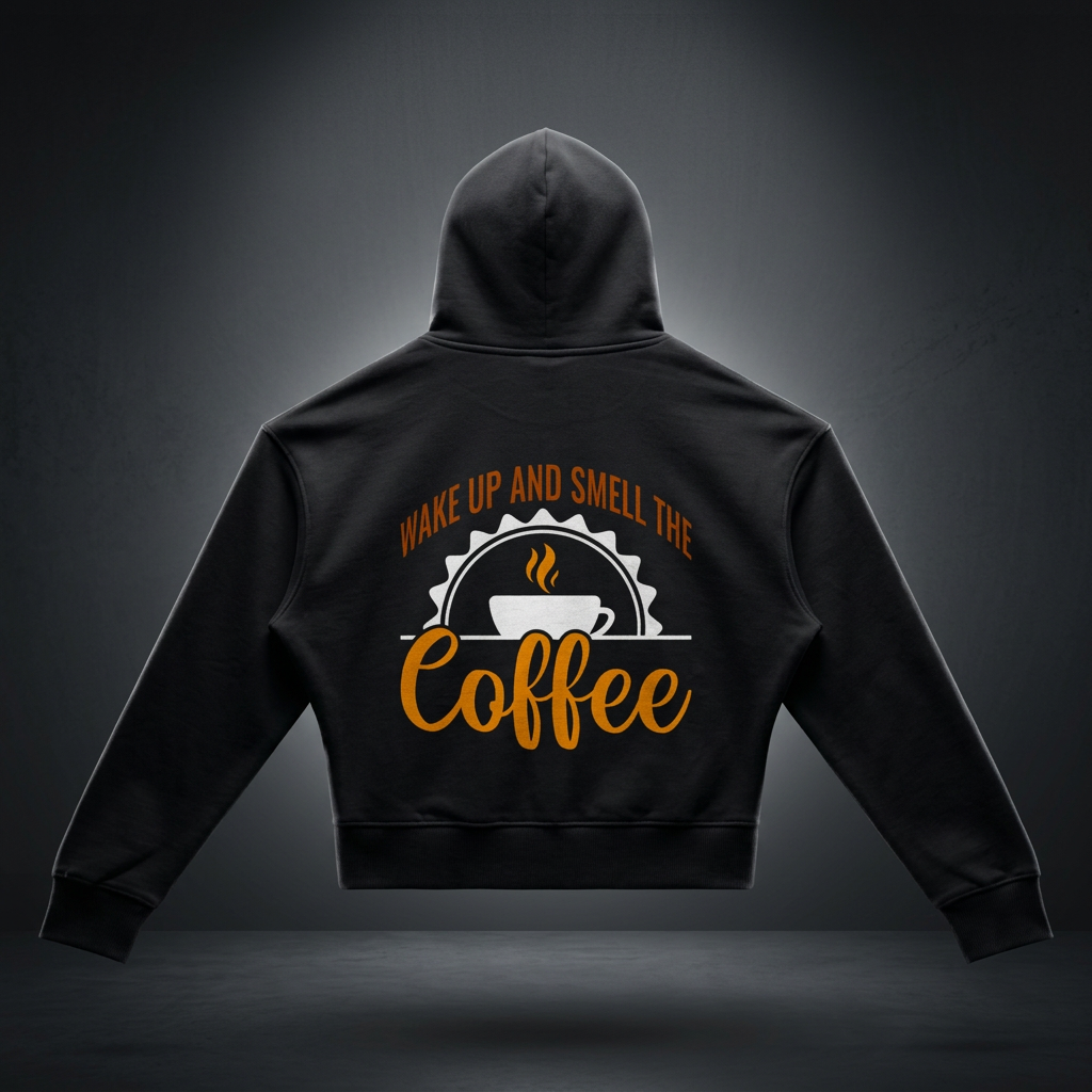 Black women's cropped drop shoulder hoodie with a rust brown Wake up and smell the coffee design with a white coffee cup and orange cursive Coffee on the back shown against a dark studio backdrop