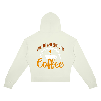 Light Green women's cropped drop shoulder hoodie with a rust brown Wake up and smell the coffee design with a white coffee cup and orange cursive Coffee on the back