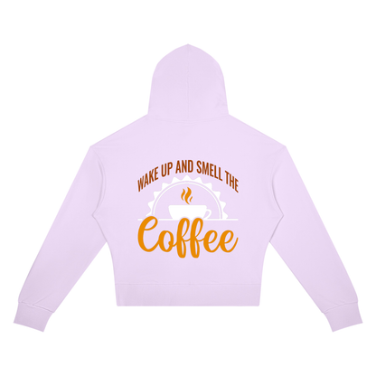 Light Purple women's cropped drop shoulder hoodie with a rust brown Wake up and smell the coffee design with a white coffee cup and orange cursive Coffee on the back