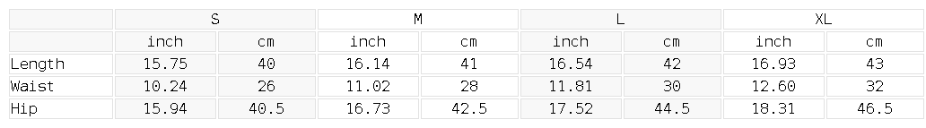 Size chart for the Women's Color Block A-Line Skirt