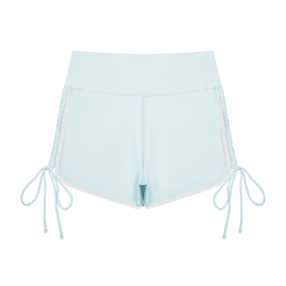 Women's Color Block High Waisted Yoga Shorts in light blue, alternate angle