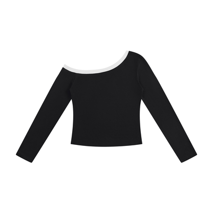 Women's Color Block Off-the-Shoulder Long Sleeve T-Shirt in black, alternate angle