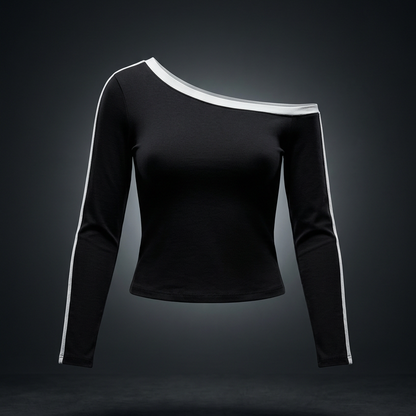 Women's Color Block Off-the-Shoulder Long Sleeve T-Shirt