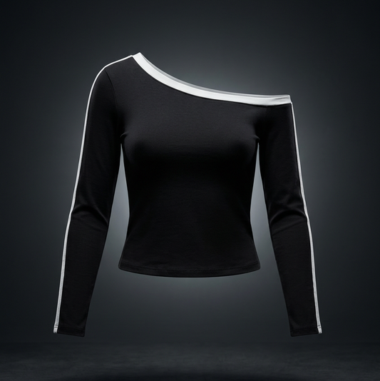 Women's Color Block Off-the-Shoulder Long Sleeve T-Shirt