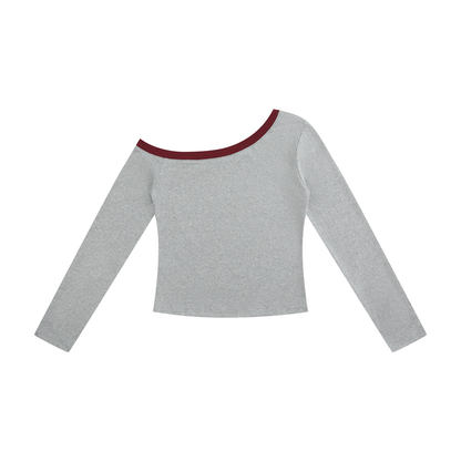 Women's Color Block Off-the-Shoulder Long Sleeve T-Shirt in flower gray, alternate angle
