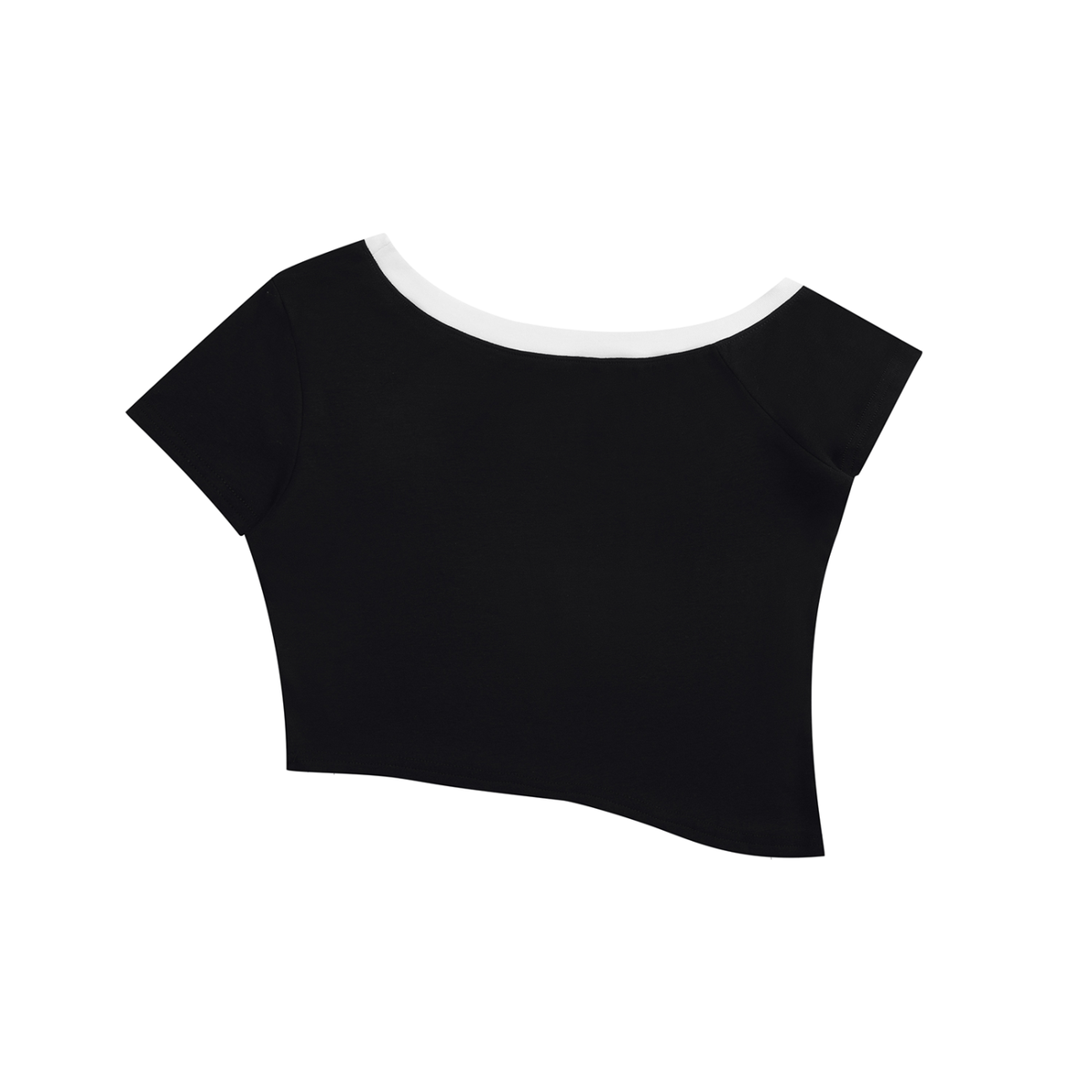 Women's Color Block Off-the-Shoulder Short Sleeve T-Shirt in black, alternate angle