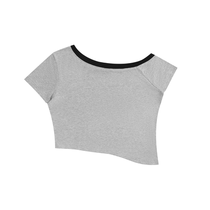 Women's Color Block Off-the-Shoulder Short Sleeve T-Shirt in flower gray, alternate angle