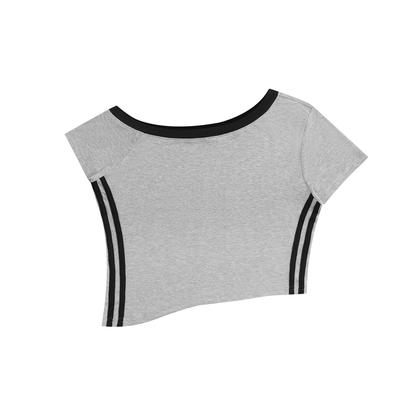 Women's Color Block Off-the-Shoulder Short Sleeve T-Shirt in flower gray