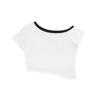 Women's Color Block Off-the-Shoulder Short Sleeve T-Shirt in white, alternate angle