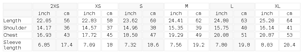 Size chart for the Women's Color Block Polo Shirt