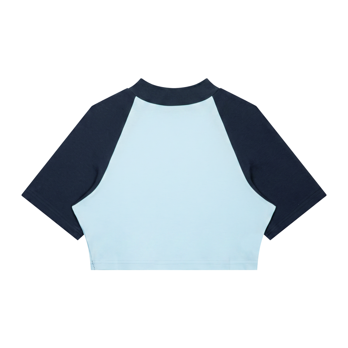 Women's Color Block Raglan Crop T-Shirt in blue with navy blue, alternate angle