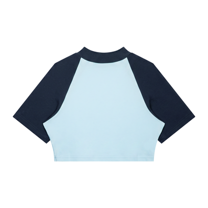 Women's Color Block Raglan Crop T-Shirt in blue with navy blue, alternate angle