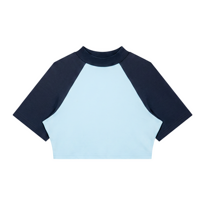 Women's Color Block Raglan Crop T-Shirt in blue with navy blue