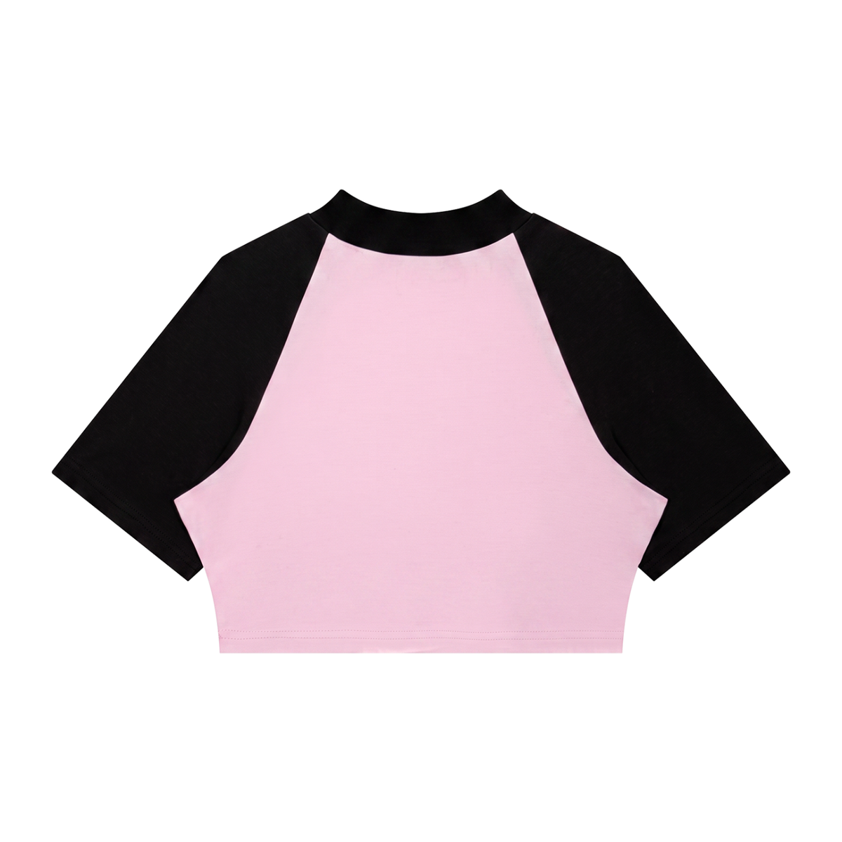 Women's Color Block Raglan Crop T-Shirt in pink with black, alternate angle