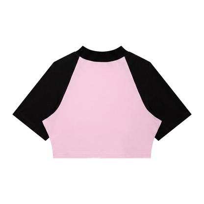 Women's Color Block Raglan Crop T-Shirt in pink with black, alternate angle