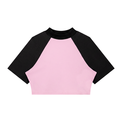 Women's Color Block Raglan Crop T-Shirt in pink with black