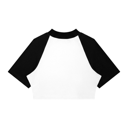 Women's Color Block Raglan Crop T-Shirt in white with black, alternate angle