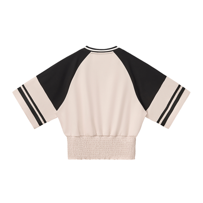 Women's Color Block Ruched T-Shirt in apricot with black, alternate angle