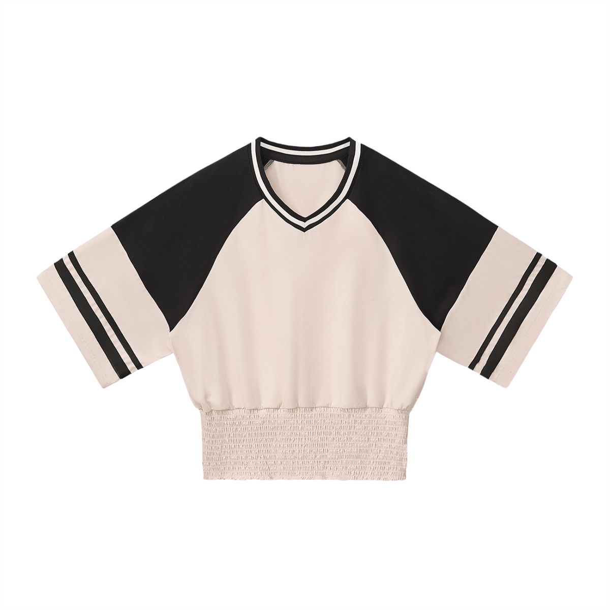 Women's Color Block Ruched T-Shirt in apricot with black