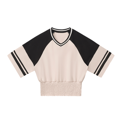 Women's Color Block Ruched T-Shirt in apricot with black