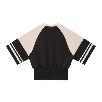 Women's Color Block Ruched T-Shirt in black with apricot, alternate angle