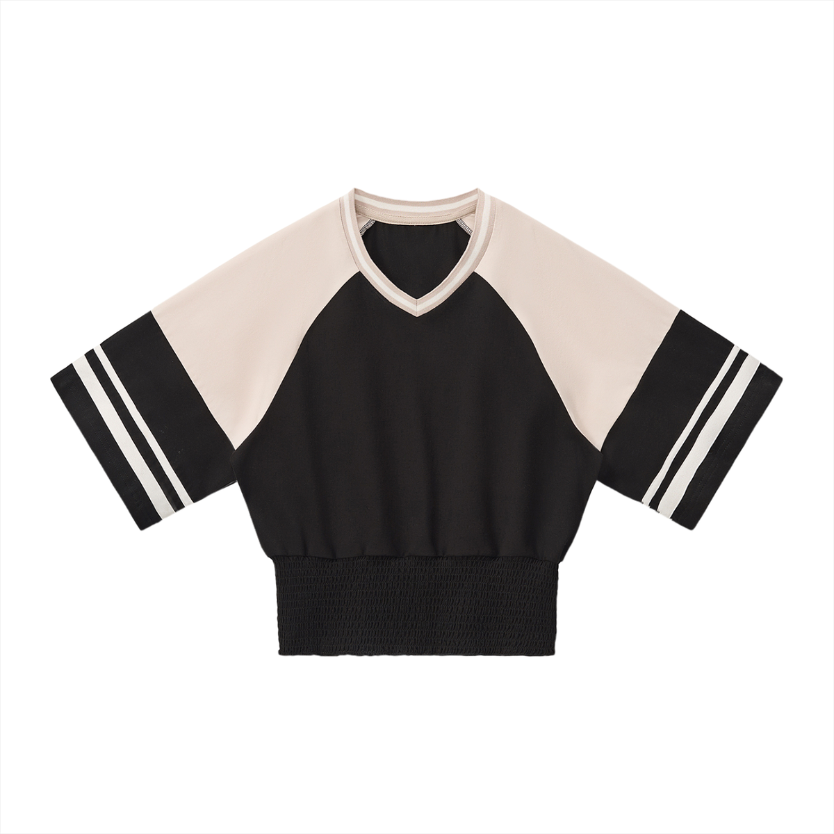Women's Color Block Ruched T-Shirt in black with apricot
