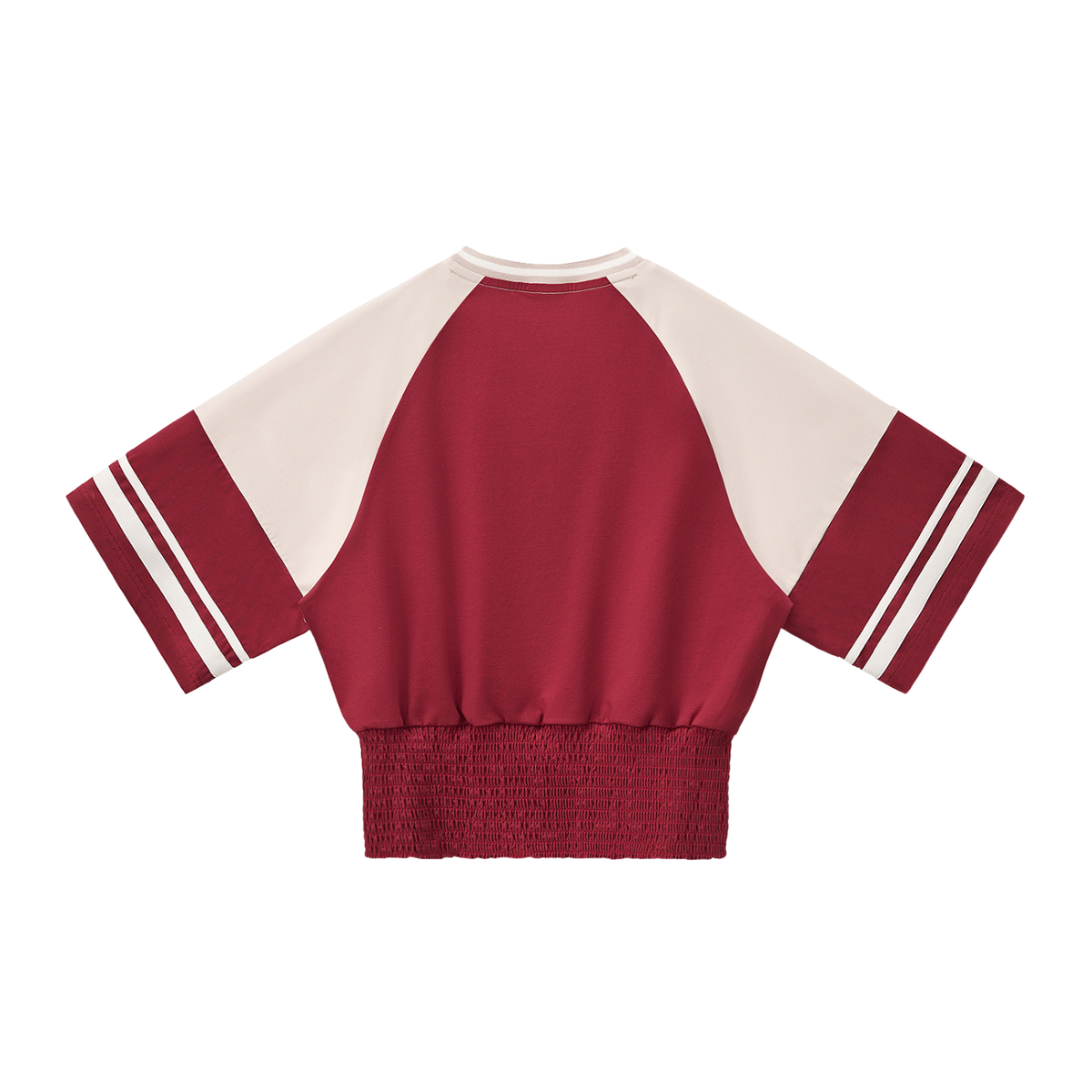 Women's Color Block Ruched T-Shirt in red with apricot, alternate angle