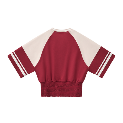 Women's Color Block Ruched T-Shirt in red with apricot, alternate angle