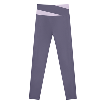 Women's Color Block Yoga Leggings in deep purple with light purple, alternate angle