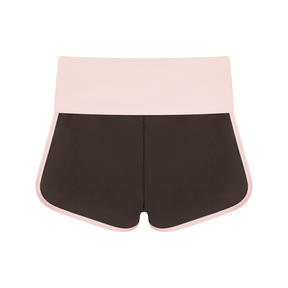 Women's Color Block Yoga Shorts in coffee with light pink, alternate angle