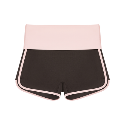 Women's Color Block Yoga Shorts in coffee with light pink