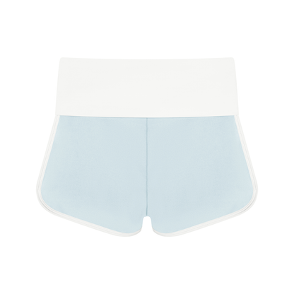 Women's Color Block Yoga Shorts in sky blue with white, alternate angle