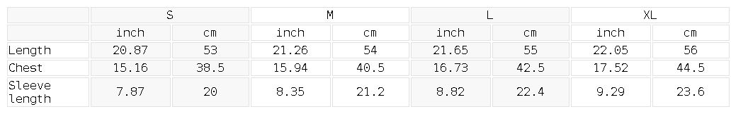 Size chart for the Women's Contrast Stitch Raglan T-Shirt